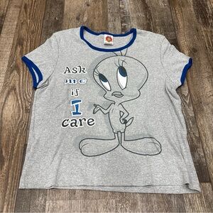 NEW Women’s Vintage Tweety Bird Ask Me If I Care Gray & Blue Shirt Sz XL